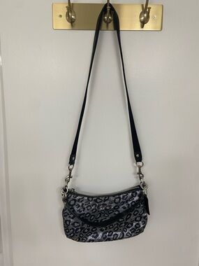 Leopard Print Shoulder Bag in Black and  Metallic Silver with purple lining